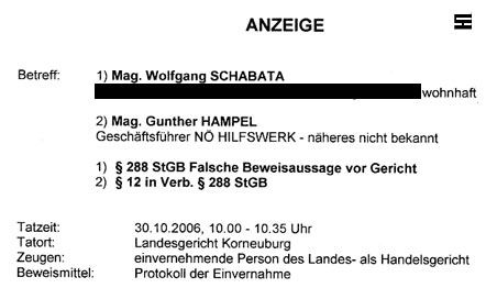 Faksimile der Strafanzeige, die Walter Egon Glöckel gegen Gunther Hampel und Wolfgang Schabata vom NÖ HILFSWERK wegen falscher Zeugenaussage vor Gericht einbrachte