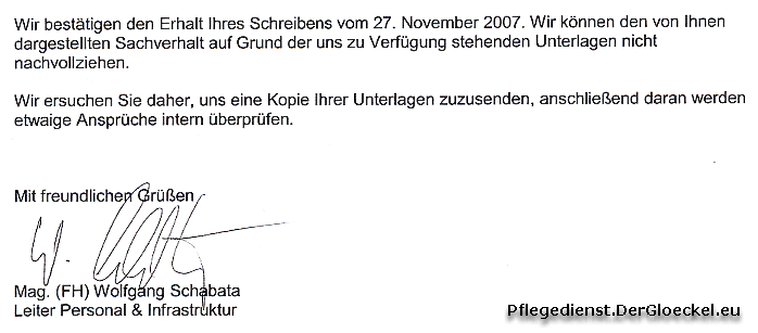 Faksimile aus dem Brief vom NÖ HILFSWERK - Mag. Wolfgang SCHABATA an die NÖ ARBEITERKAMMER