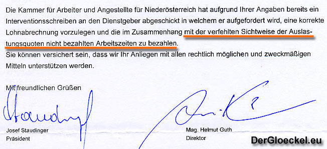 Faksimile aus dem Brief des Präsidenten der NÖ ARBEITERKAMMER, Josef STAUDINGER